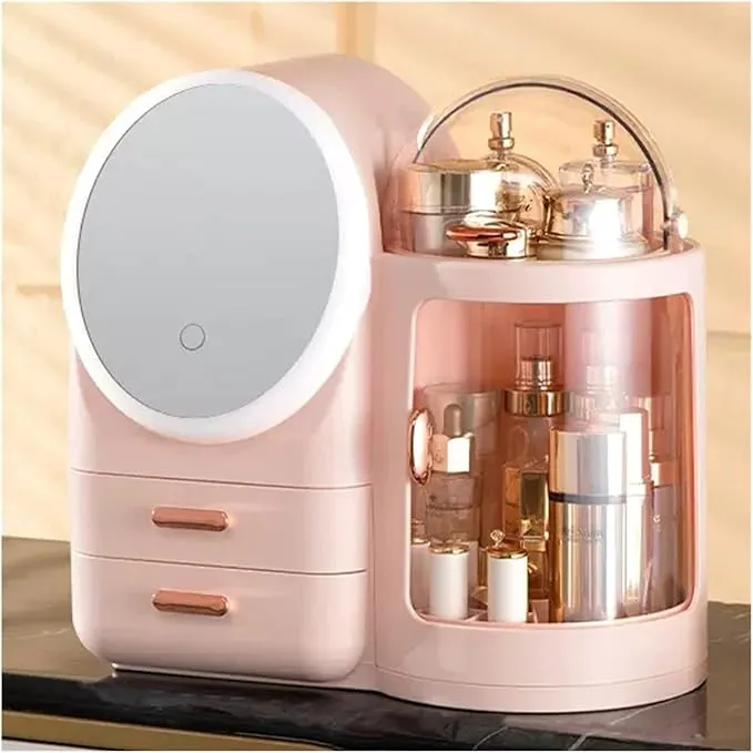 Cosmetics Storage Organizer with LED Lights,Dustproof Cosmetic Storage Display Cases with Mirror,Multifunctional Jewelry Makeup Storage Box for Bedroom,Vanity Dress