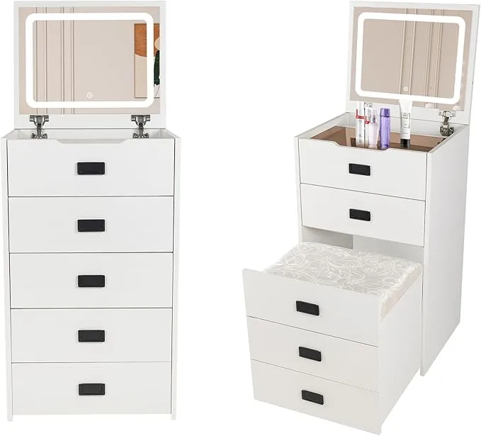 White Makeup Vanity Desk with Flip Top Mirror Lighting, Makeup Dressing Table with Internal Storage Area, Dressing Table with Storage Makeup Stool