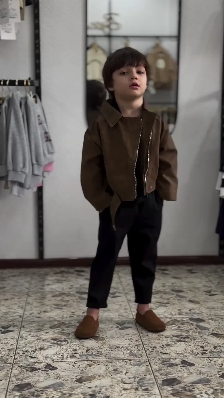 Boys Stylish Winter Look - Premium Brown Suede Jacket with Black Trousers & Matching Loafers