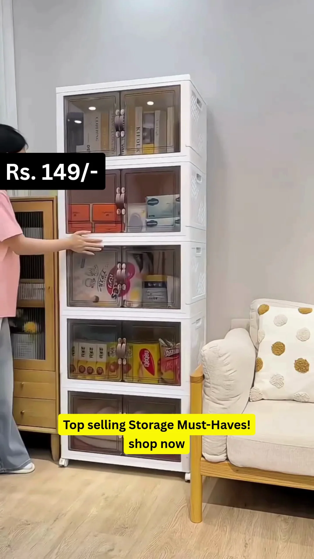 5-Tier Stackable & Foldable Home Storage Cabinet with Transparent Double Doors, Magnetic Latches, and 360° Rotating Wheels