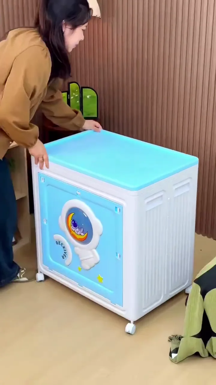 Large Collapsible Rolling Toy Chest and Clothes Storage Bin with Astronaut Front-Opening Door and Removable Wheels