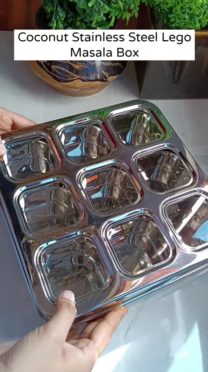 Coconut Stainless Steel Lego Masala Box - 9 Compartment Square Spice Organizer with Transparent See-Through Lid for Kitchen Storage