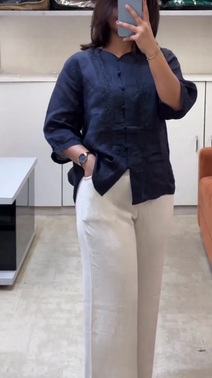 2026 Embroidered Casual Button Down V-Neck 3/4 Sleeve Shirt Blouse Loose Top Shirt