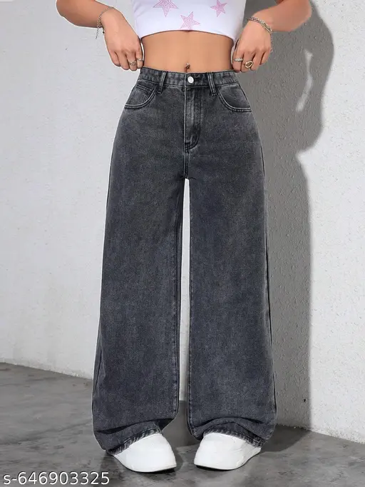 Baggy Women High Waist Wide Leg Denim Grey Jeans