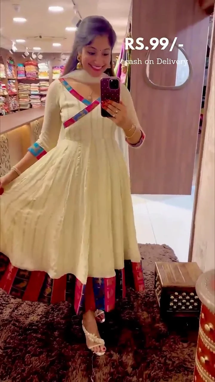 Milky White Cross Curve Patched Work Anarkali Meesorra Kurti