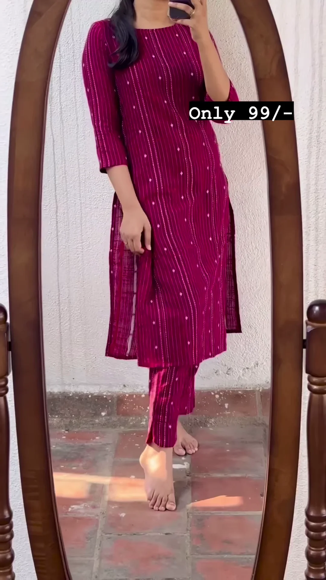 Women's Khadi Cotton Printed Straight Kurti | Maroon Daily Wear Ethnic Kurta | 3/4 Sleeve | Calf Length
