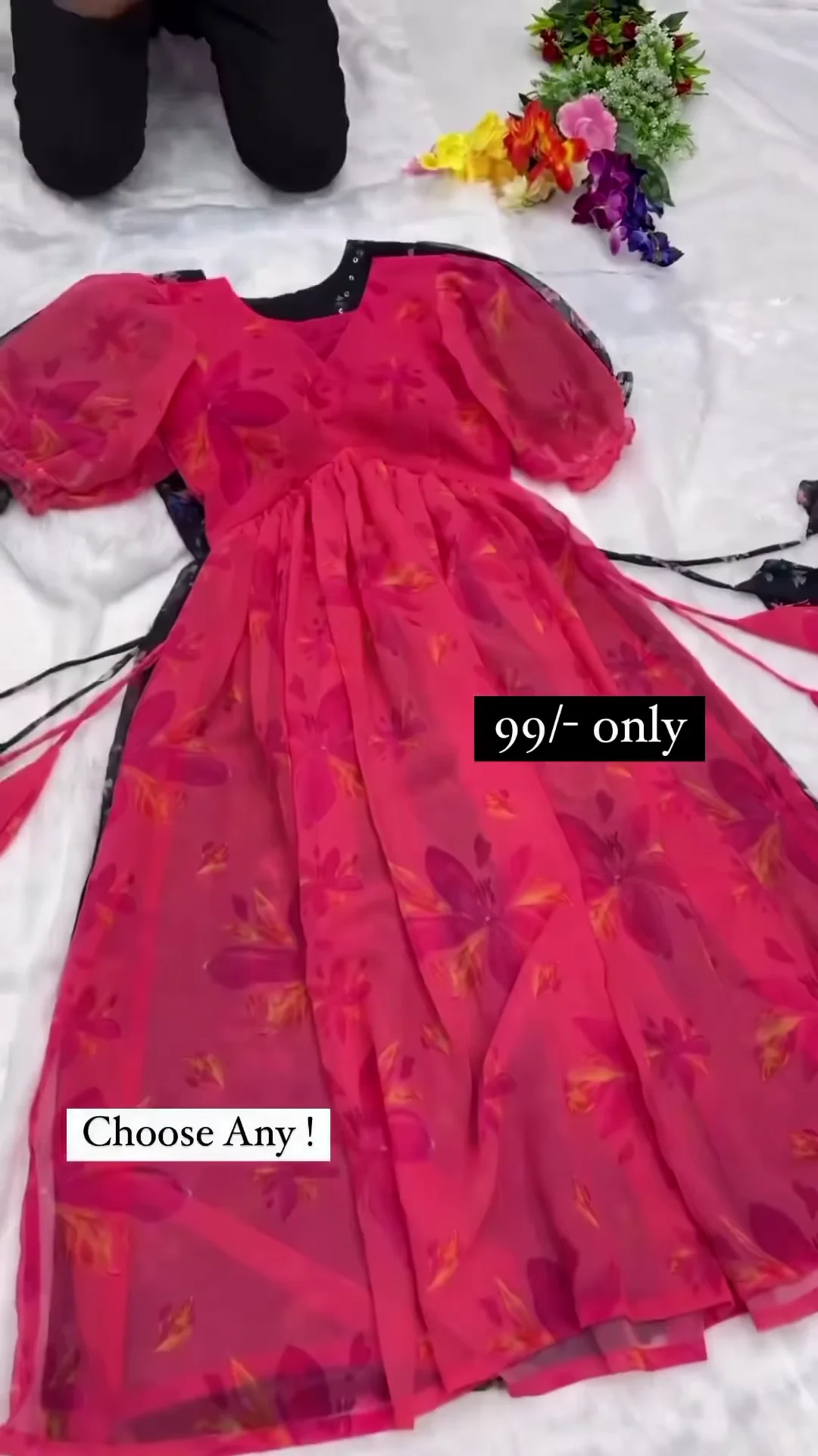 Women Floral Printed Pink Square Neck Puff Sleeve Chiffon Fit and Flare Midi Dress